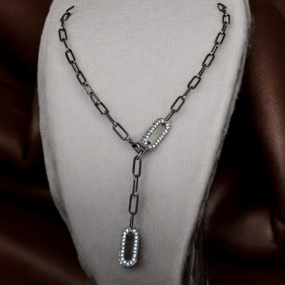FAC Gun Metal Crystal Link Lariat Style Necklace - Picture 1 of 9